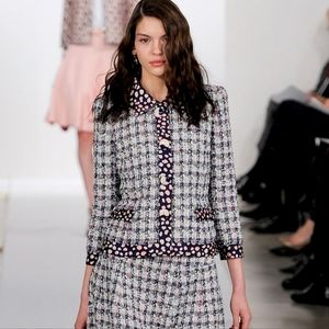 $2,990 OSCAR DE LA RENTA EXCLUSIVE TWEED SEQUIN SILK LINED RUNWAY COAT US 14